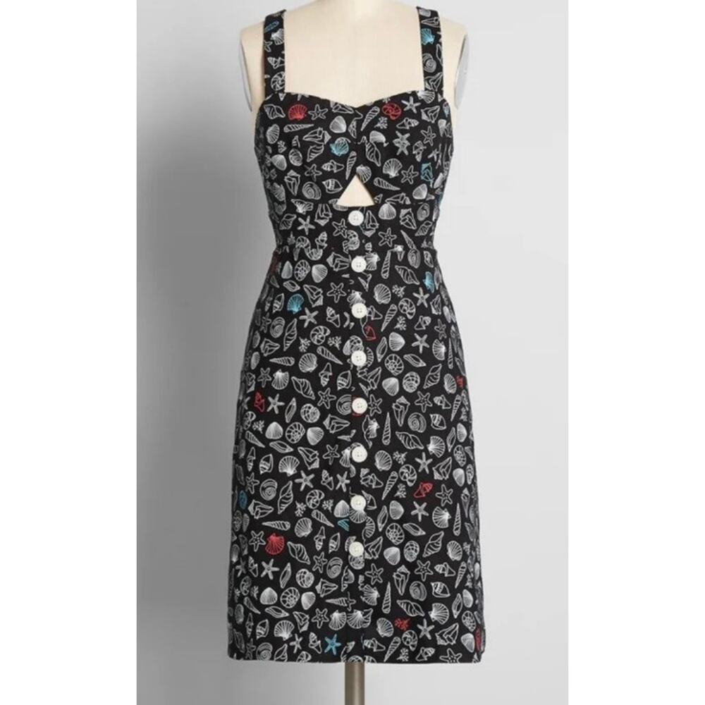 Modcloth Black Linen Blend Mixed Seashell Dress 2 NWT